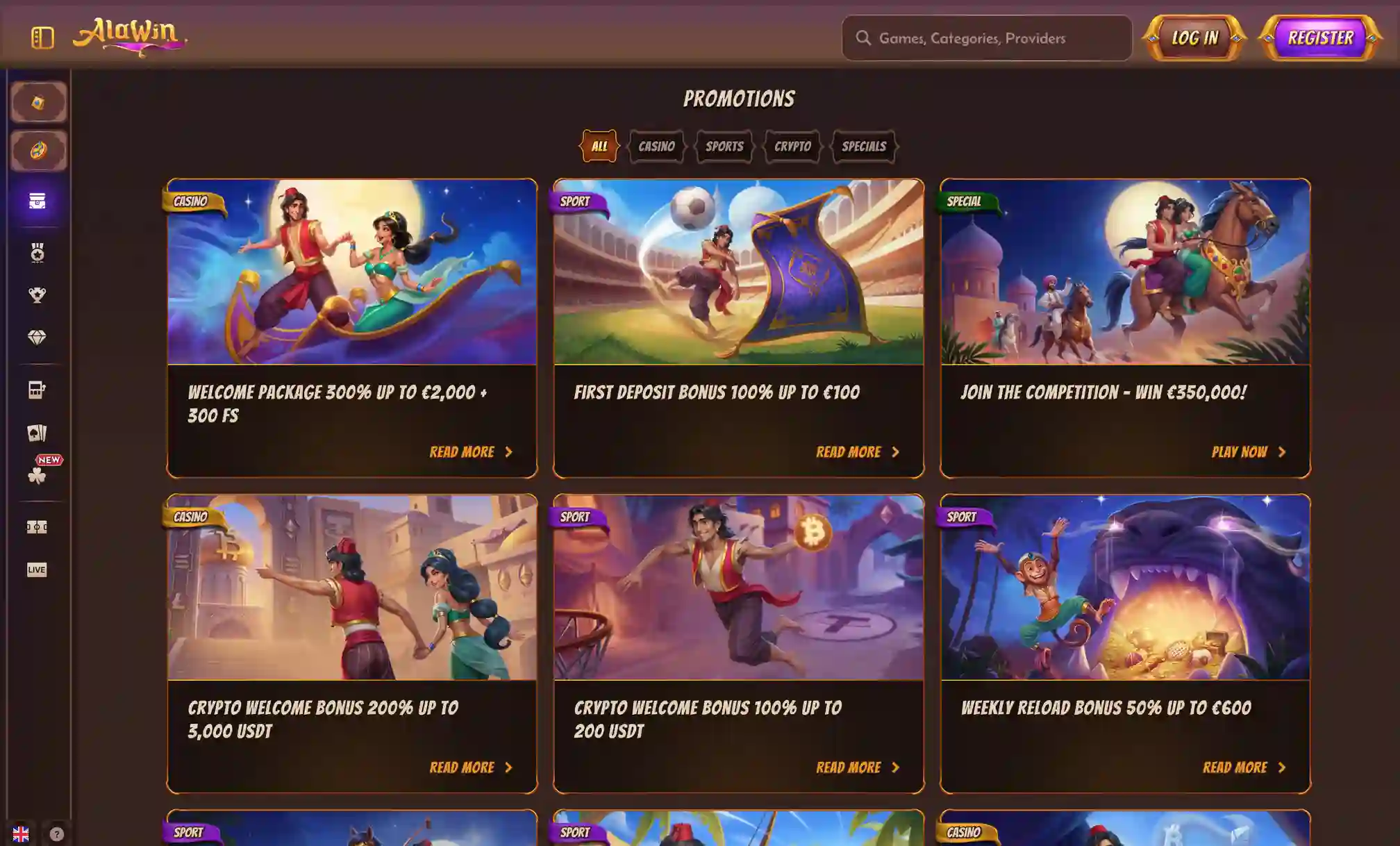Pagina bonus di Alawin Casino con il pacchetto di benvenuto